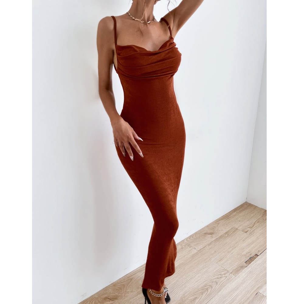 Backless Rust Brown Cowl Neck Long Slim Dress - Picture 3 of 13